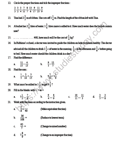 fraction assignment for class 4